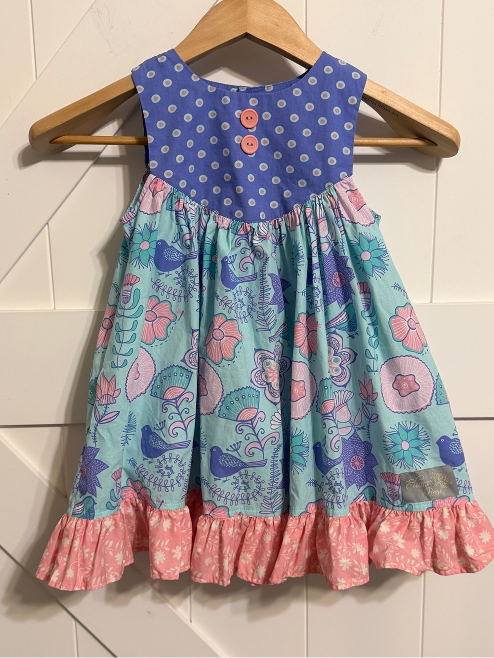 Eleanor Rose Girls Size 4-5 Floral Bird Ruffle Boutique Dress Blue Pink